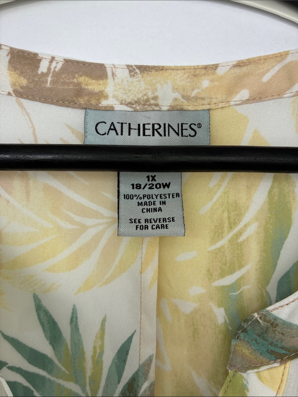 Catherines Cream Button-Front Tunic with Green and Brown Leaf Print 1X - Picture 3 of 15